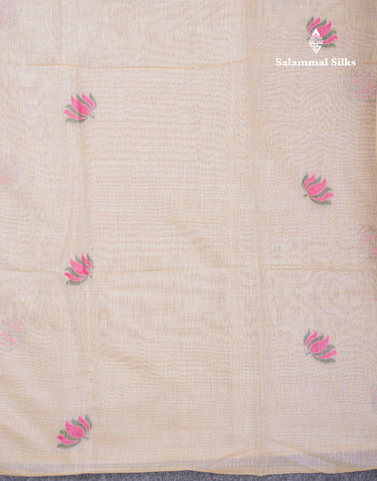 Beautiful Sandal Meenakari Work Muga Cotton Saree With Komatha Pallu Contrast Navy Blue Blouse