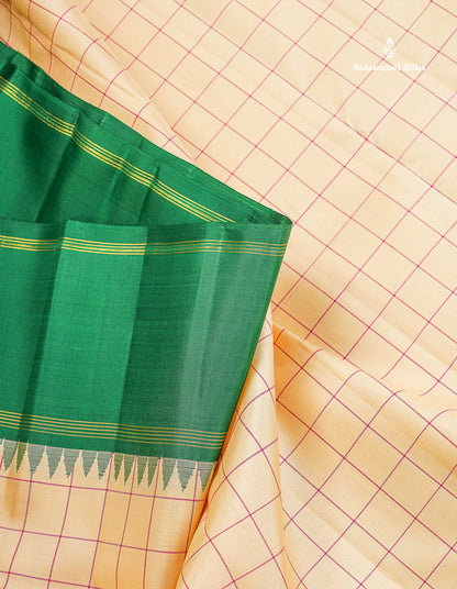 Pure Kanjivaram Silk Saree - Beige Colour Body Checks With Traditional Ganga Jamanu Gap Border