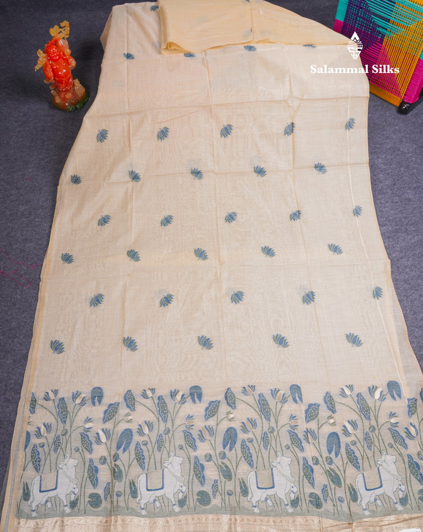Beautiful Sandal Meenakari Work Muga Cotton Saree With Komatha Pallu Contrast Navy Blue Blouse