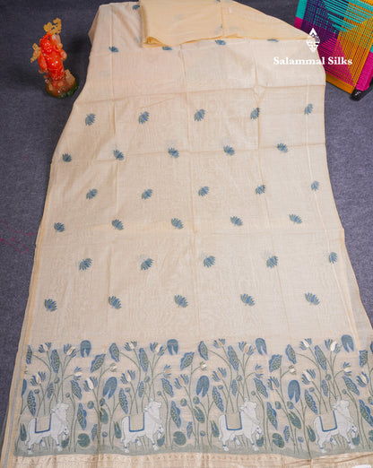 Beautiful Sandal Meenakari Work Muga Cotton Saree With Komatha Pallu Contrast Navy Blue Blouse