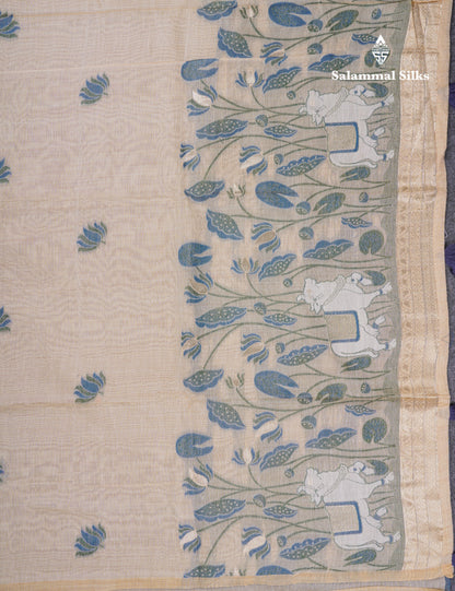 Beautiful Sandal Meenakari Work Muga Cotton Saree With Komatha Pallu Contrast Navy Blue Blouse