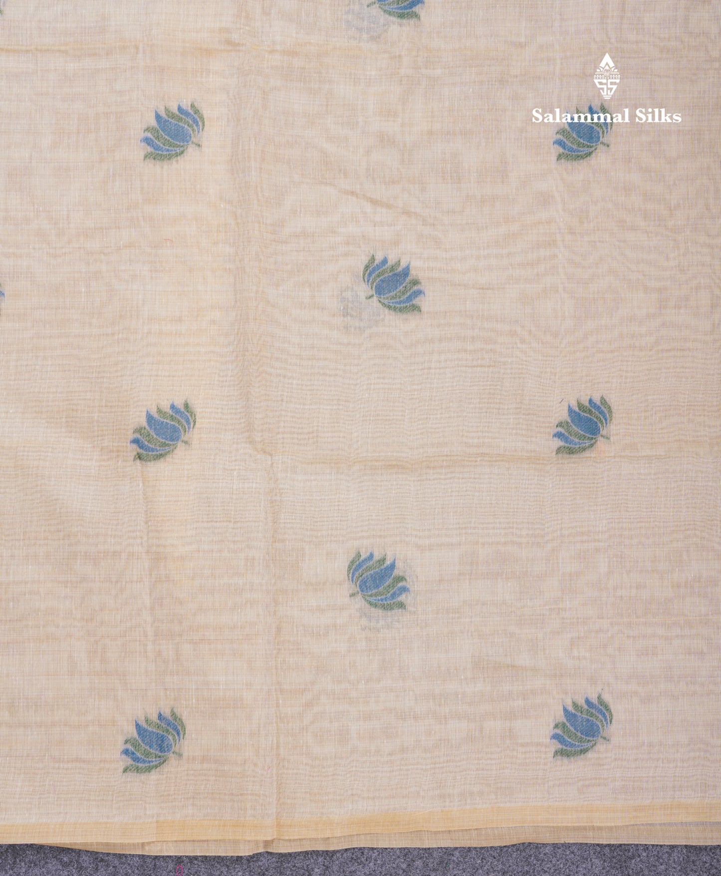 Beautiful Sandal Meenakari Work Muga Cotton Saree With Komatha Pallu Contrast Navy Blue Blouse