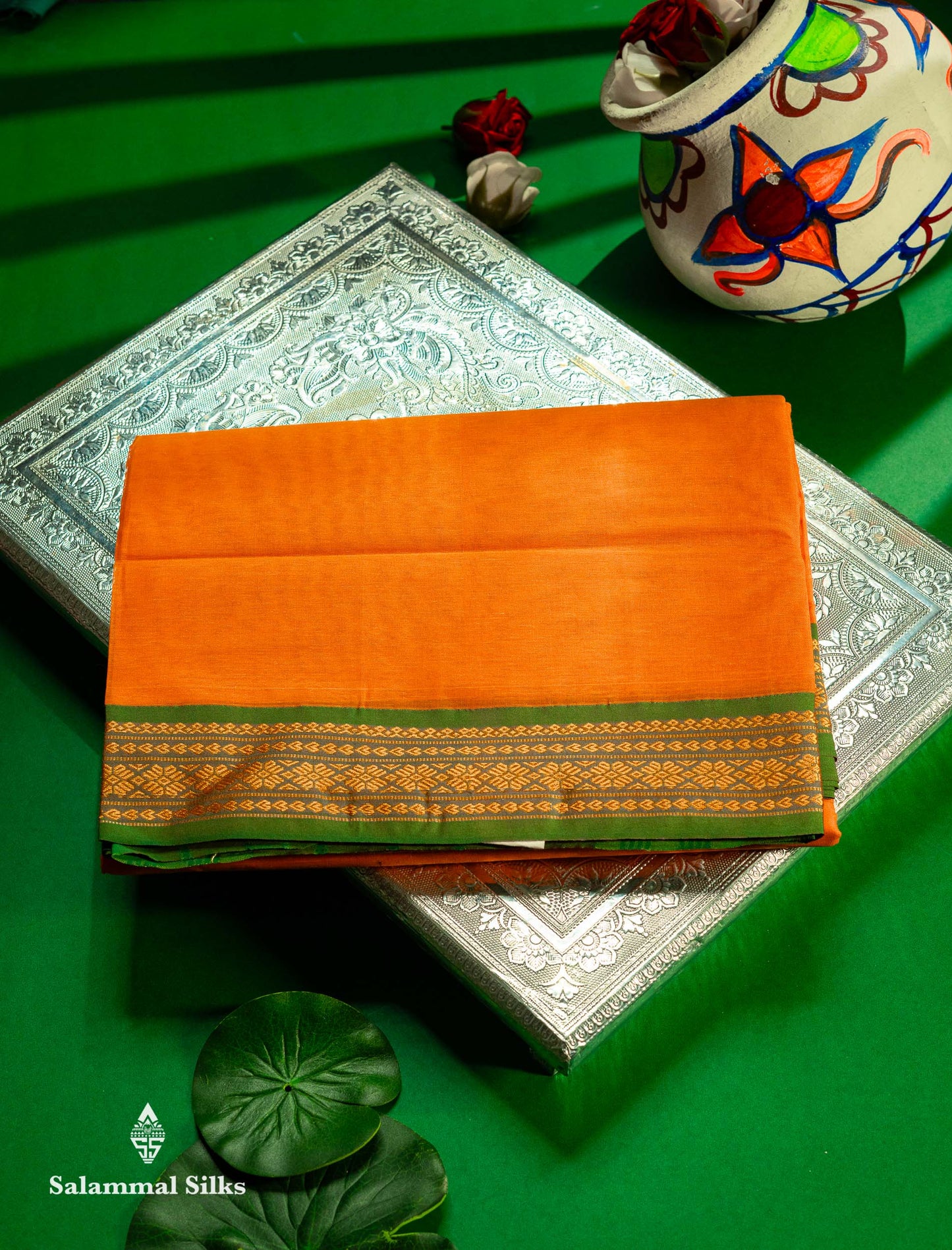 Beautiful Mango Yellow Plain Pure Cotton Saree With Contrast Dual Tone Green Traditional Border