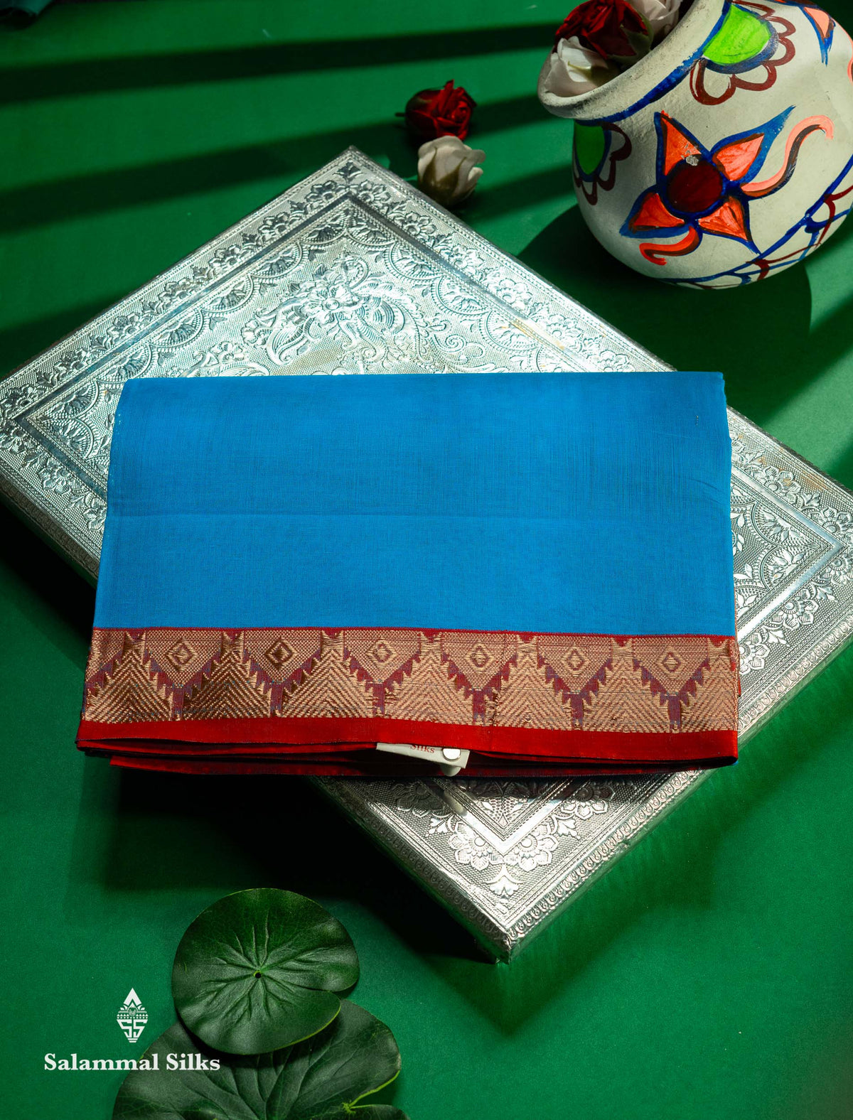 Anandha Blue Plain Temple Compact Pure Cotton Saree With Maroon Border
