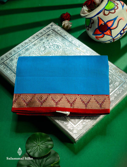 Beautiful Anandha Blue Plain Pure Cotton Saree With Contrast Maroon Traditional Temple Border