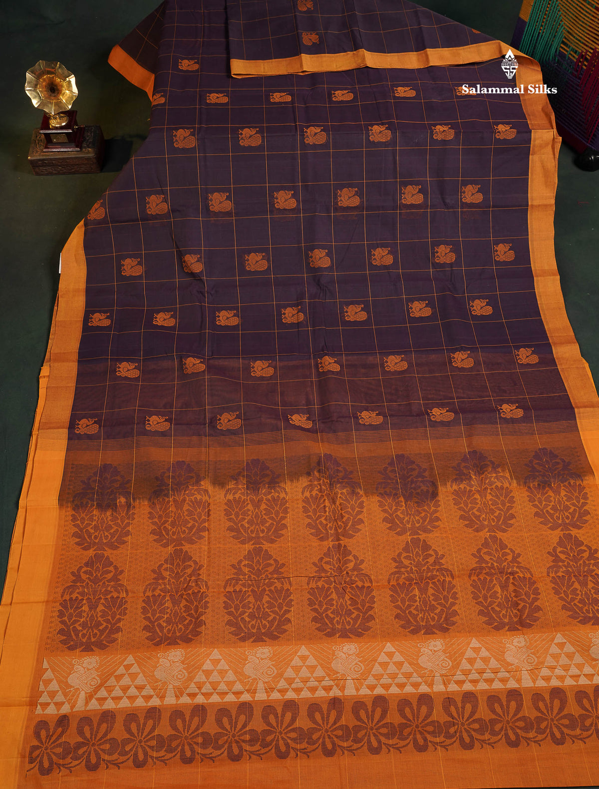 Handloom Pure Cotton Saree -  Dark Purple Colour Body With Contrast Mustard Yellow Blouse 