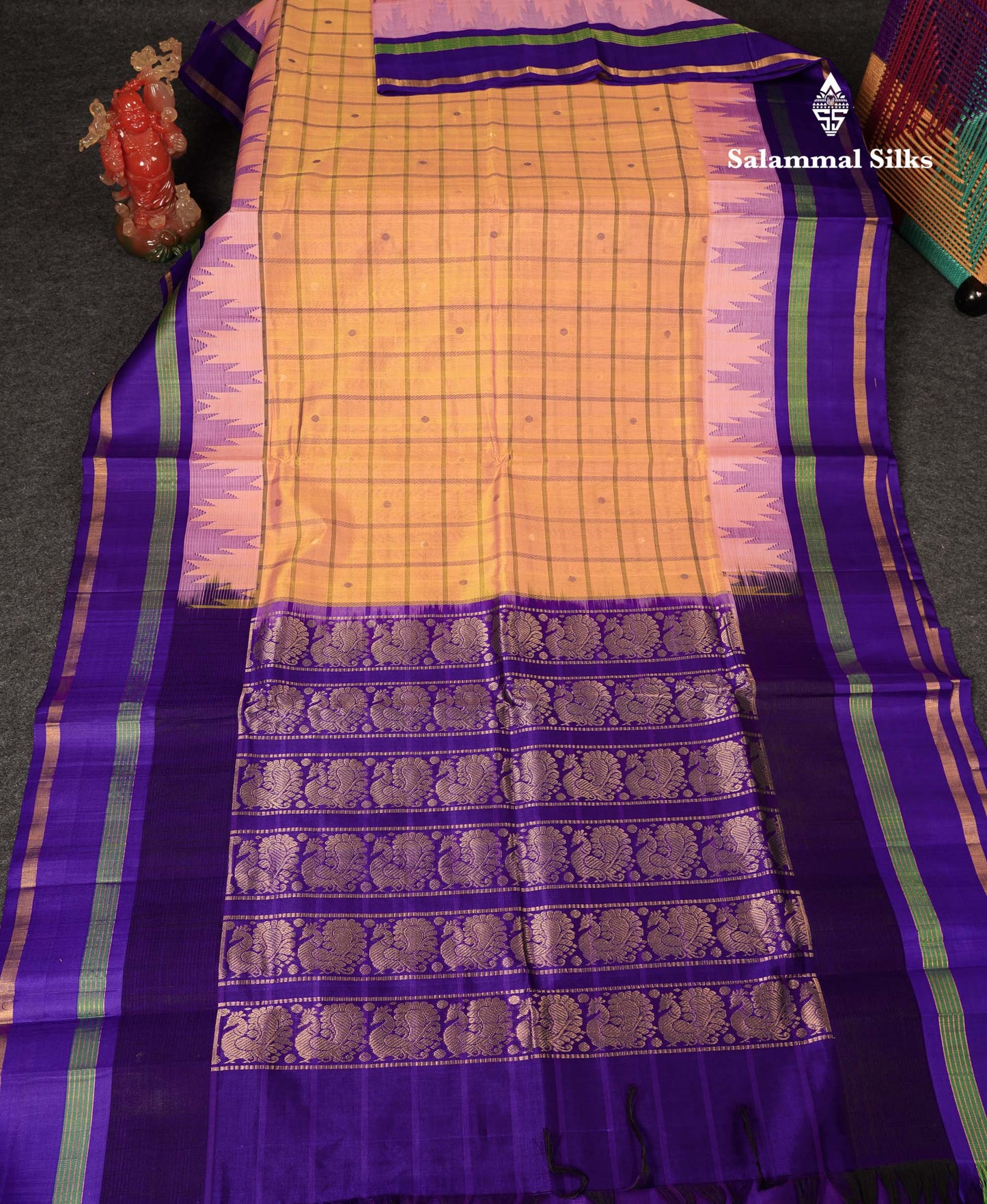Beautiful Dual Tone Pinkish Peach Checks With Butta Silk Cotton Saree With Contrast Bottle Green Traditional Temple & Gap Border