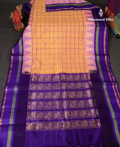 Beautiful Dual Tone Pinkish Peach Checks With Butta Silk Cotton Saree With Contrast Bottle Green Traditional Temple & Gap Border