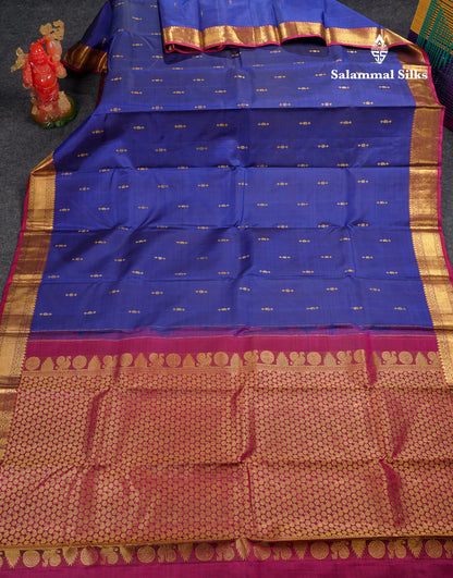 Beautiful Navy Blue Pure Kanjivaram Silk Saree With Contrast Magenta Traditional Medium Border