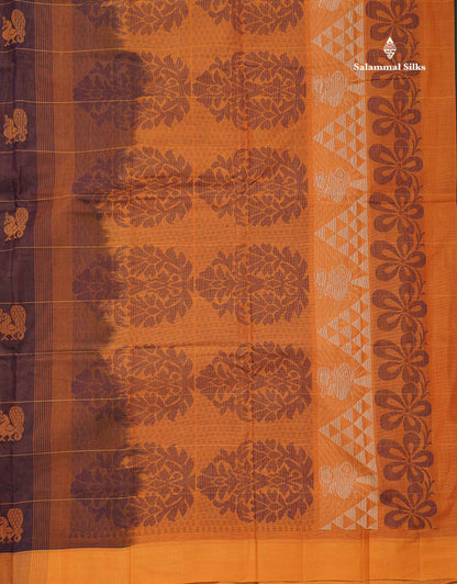 Handloom Pure Cotton Saree -  Dark Navy Blue Colour Body With Contrast Parrot Green Blouse
