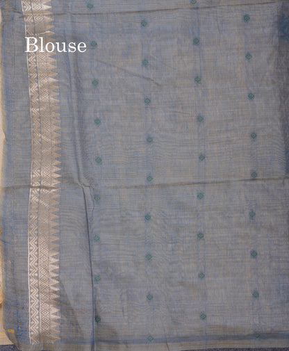 Beautiful Sandal Meenakari Work Muga Cotton Saree With Komatha Pallu Contrast Navy Blue Blouse