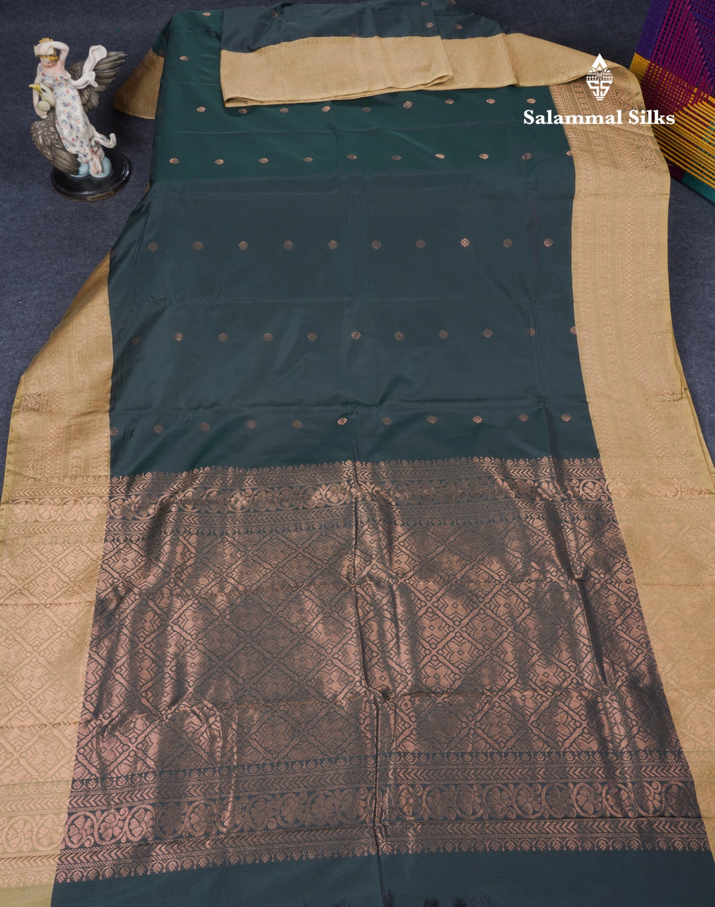 Dark Bottle Green Semi Silk Saree With Contrast Cream Sandal Border