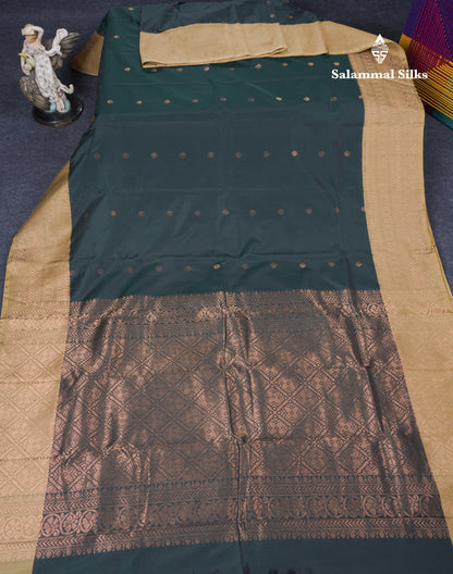 Dark Bottle Green Semi Silk Saree With Contrast Cream Sandal Border
