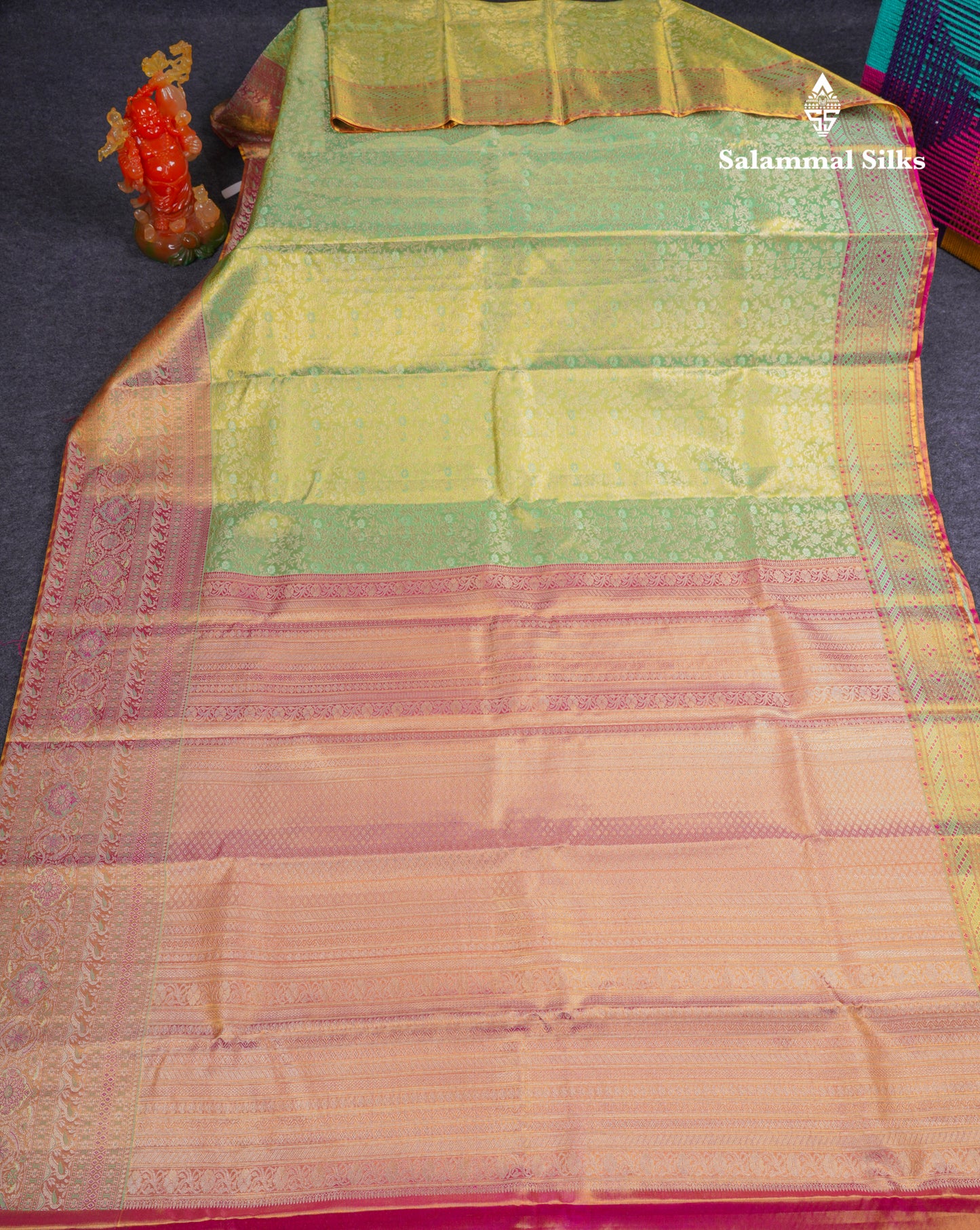 Beautiful Parrot Green Tissue Bridal Pure Kanjivaram Silk Saree With Contrast Pink Fancy Evening Morning Border