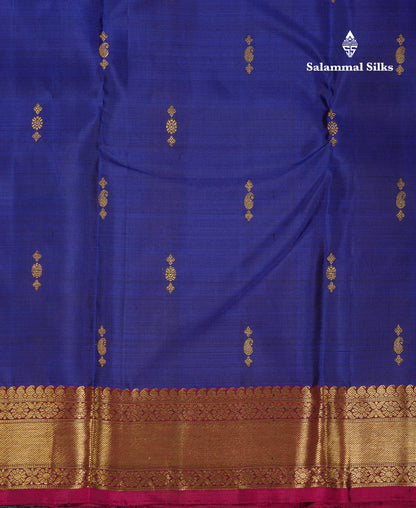 Beautiful Navy Blue Pure Kanjivaram Silk Saree With Contrast Magenta Traditional Medium Border
