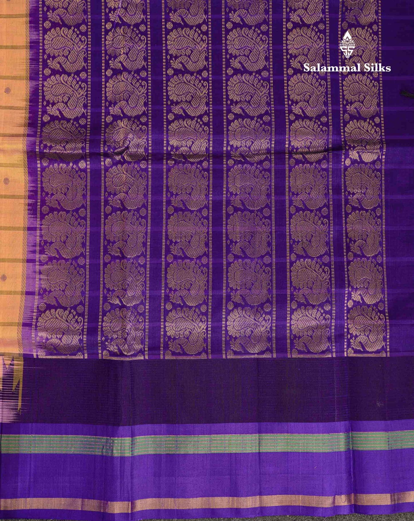 Beautiful Dual Tone Pinkish Peach Checks With Butta Silk Cotton Saree With Contrast Bottle Green Traditional Temple & Gap Border