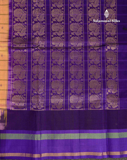 Beautiful Dual Tone Pinkish Peach Checks With Butta Silk Cotton Saree With Contrast Bottle Green Traditional Temple & Gap Border