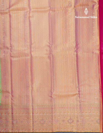 Beautiful Parrot Green Tissue Bridal Pure Kanjivaram Silk Saree With Contrast Pink Fancy Evening Morning Border