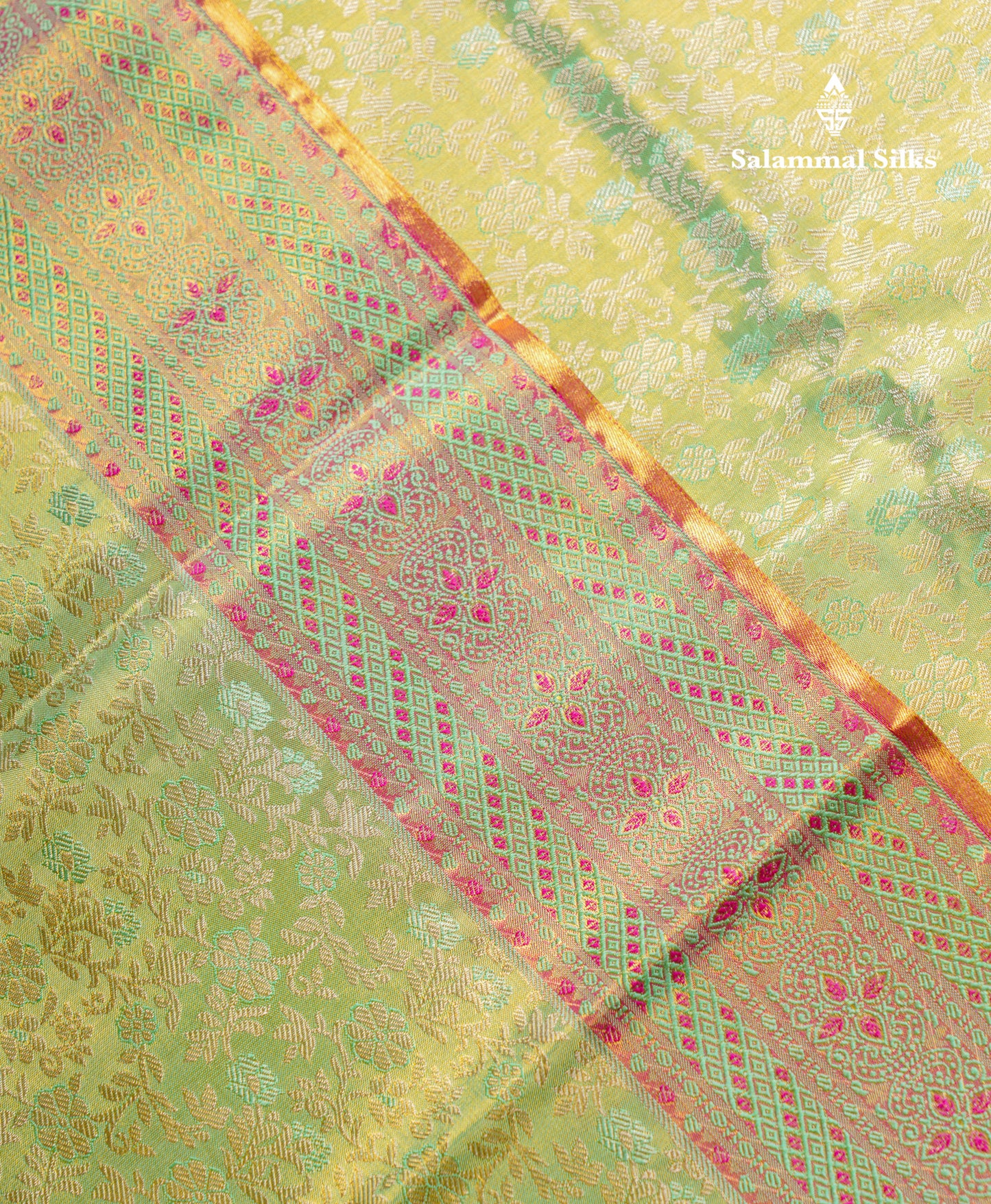 Beautiful Parrot Green Tissue Bridal Pure Kanjivaram Silk Saree With Contrast Pink Fancy Evening Morning Border