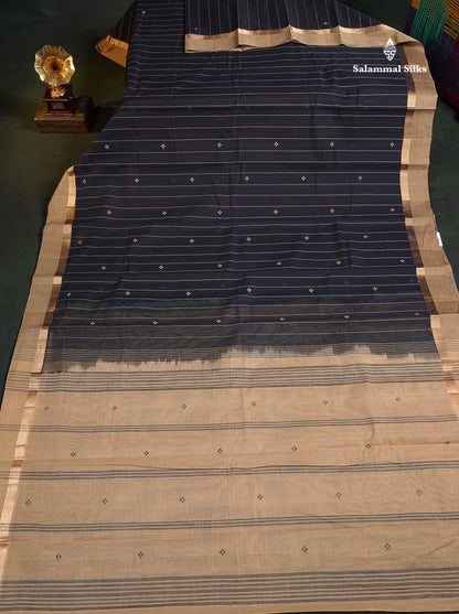Handloom Pure Cotton Saree - Navy Blue Colour Body With Contrast Beige Blouse 