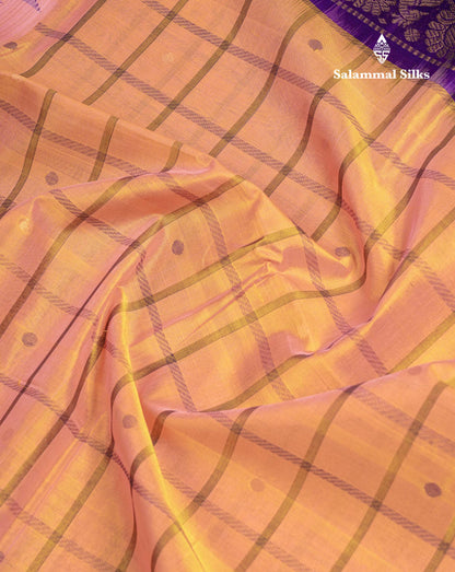 Beautiful Dual Tone Pinkish Peach Checks With Butta Silk Cotton Saree With Contrast Bottle Green Traditional Temple & Gap Border