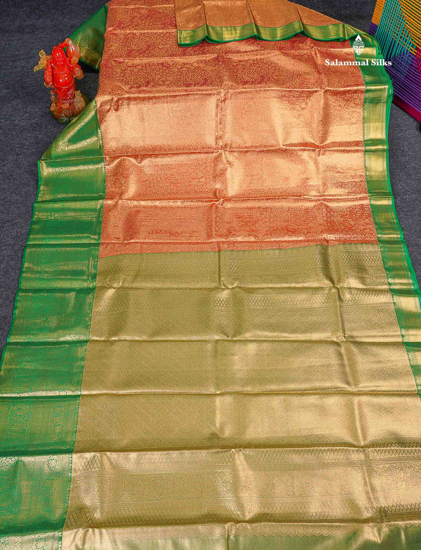 Bridal Semi Silk Saree - Orange Colour Body Tissue With Contrast Green Evening Morning Border 