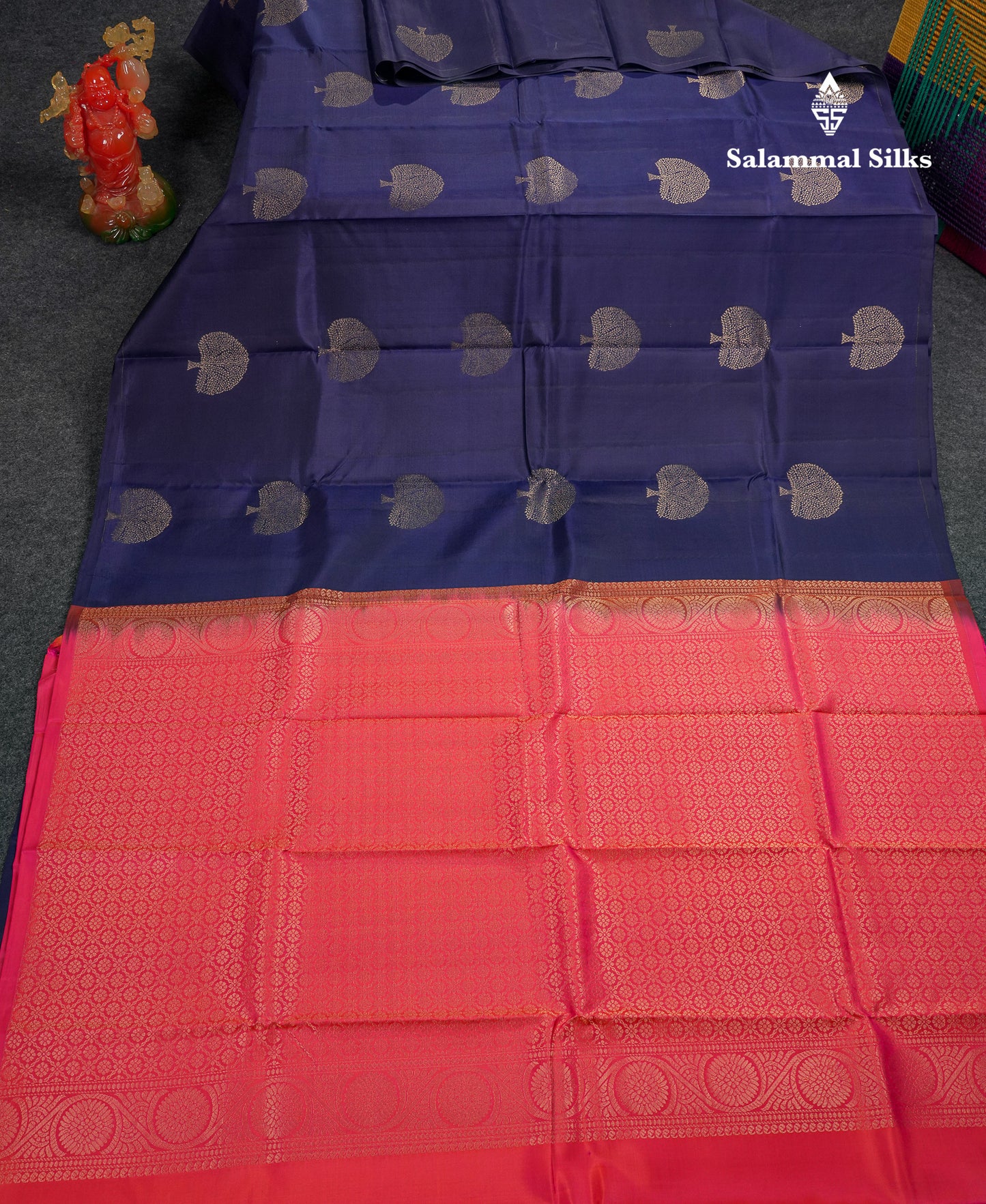 Beautiful Navy Blue Fancy Pure Kanjivaram Silk Saree With Contrast Pinkish Orange Blouse