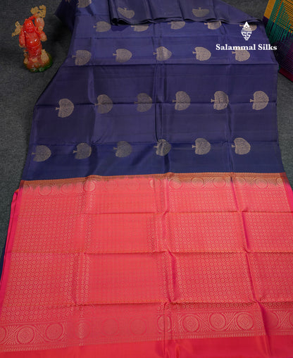 Beautiful Navy Blue Fancy Pure Kanjivaram Silk Saree With Contrast Pinkish Orange Blouse