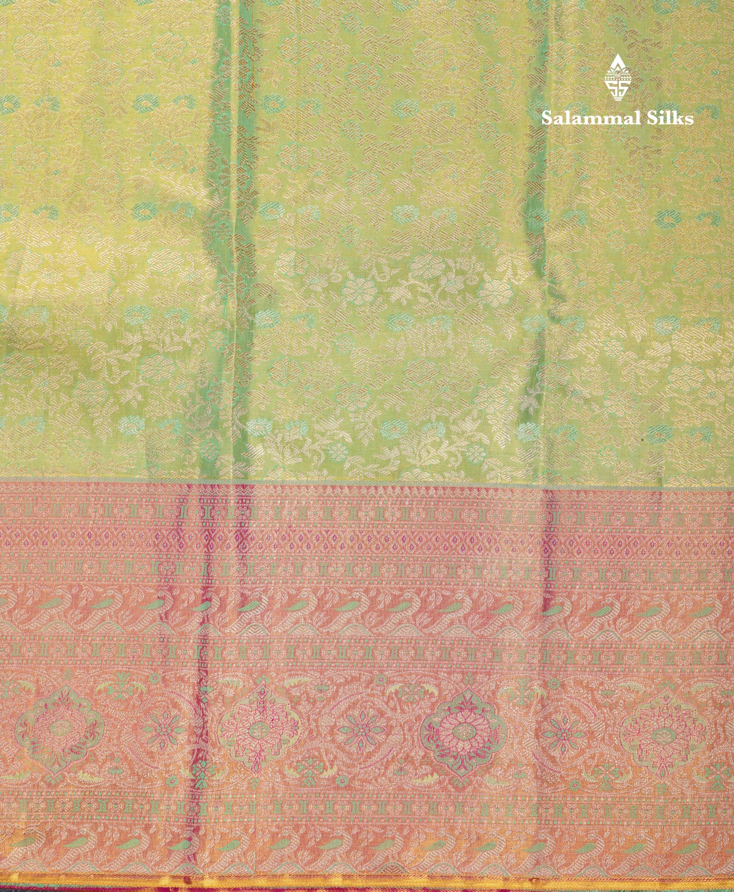 Beautiful Parrot Green Tissue Bridal Pure Kanjivaram Silk Saree With Contrast Pink Fancy Evening Morning Border