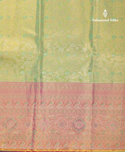 Beautiful Parrot Green Tissue Bridal Pure Kanjivaram Silk Saree With Contrast Pink Fancy Evening Morning Border