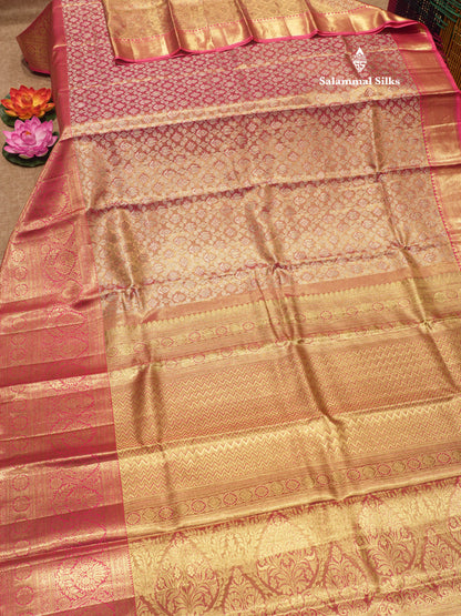 Light Pink Colour Tissue Pure Kanjivaram Silk Saree With Long Gold Zari Border