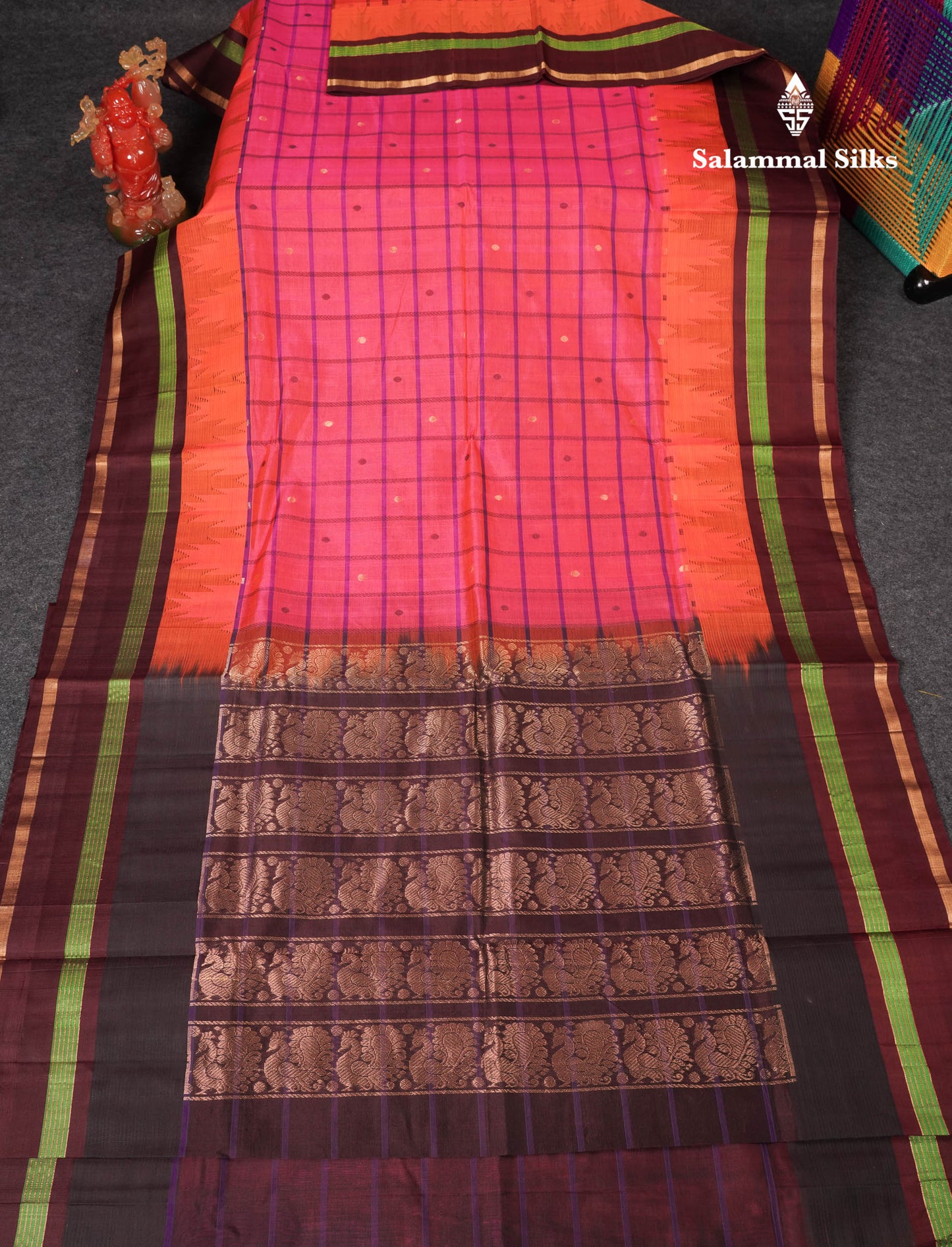 Beautiful Dual Tone Pinkish Peach Checks With Butta Silk Cotton Saree With Contrast Bottle Green Traditional Temple & Gap Border