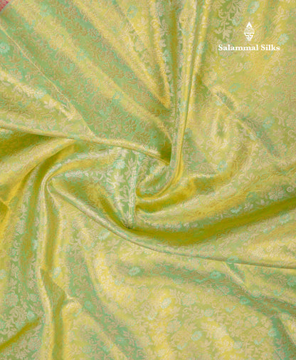 Beautiful Parrot Green Tissue Bridal Pure Kanjivaram Silk Saree With Contrast Pink Fancy Evening Morning Border