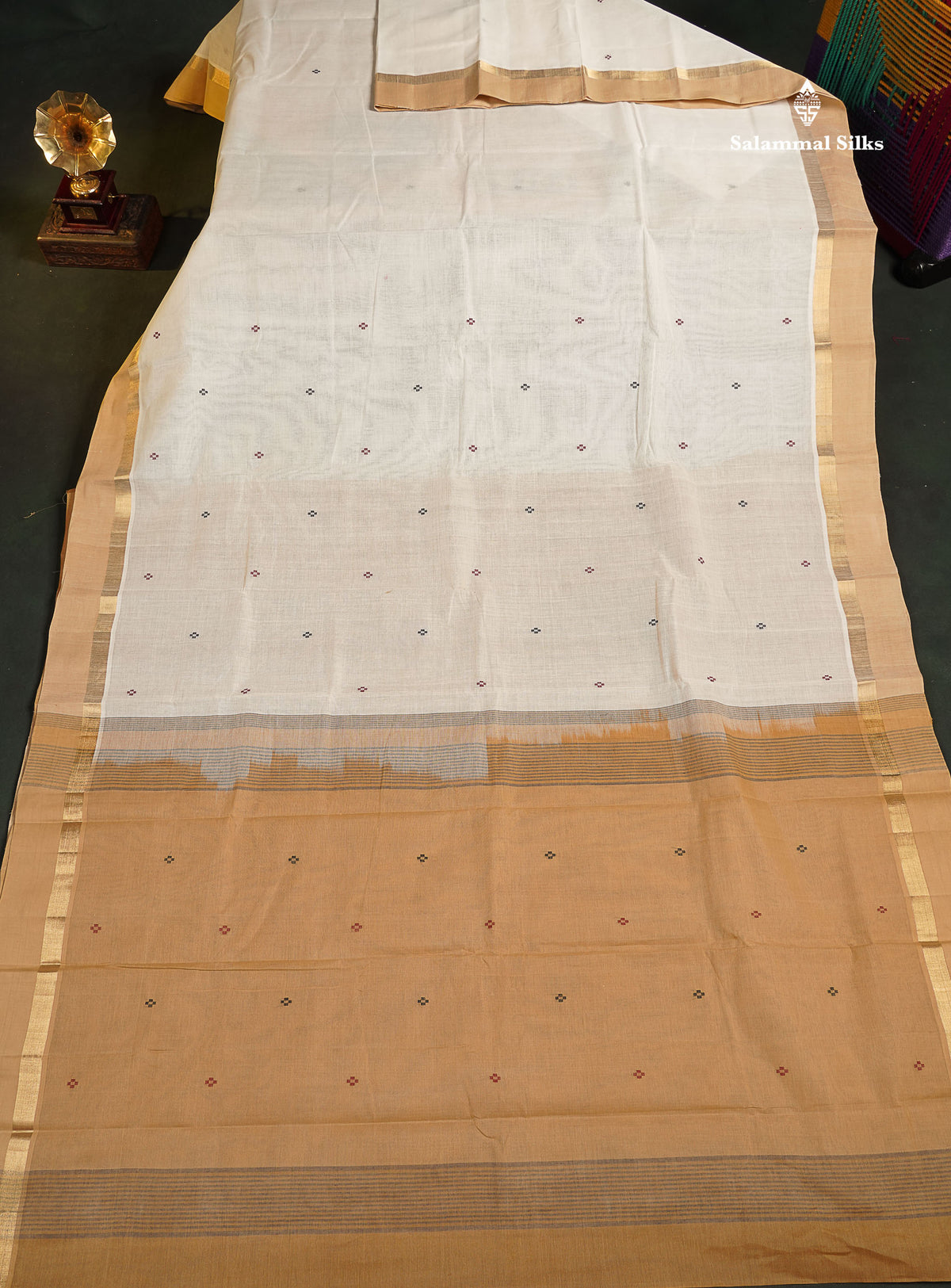 Handloom Pure Cotton Saree -  Half White Colour Body With Contrast Sandal Border