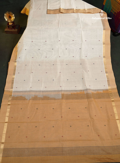 Handloom Pure Cotton Saree -  Half White Colour Body With Contrast Sandal Border