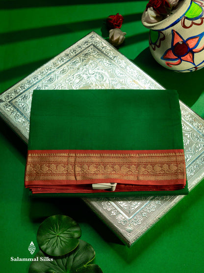 Beautiful Bottle Green Plain Pure Cotton Saree With Contrast Maroon Traditional Border