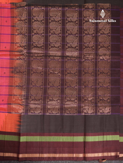 Beautiful Dual Tone Pinkish Peach Checks With Butta Silk Cotton Saree With Contrast Bottle Green Traditional Temple & Gap Border