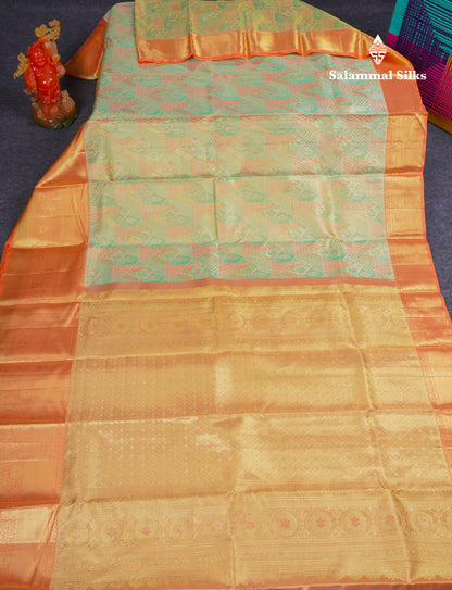 Beautiful Parrot Green Tissue Bridal Pure Kanjivaram Silk Saree With Contrast Peach Traditional Evening Morning Border