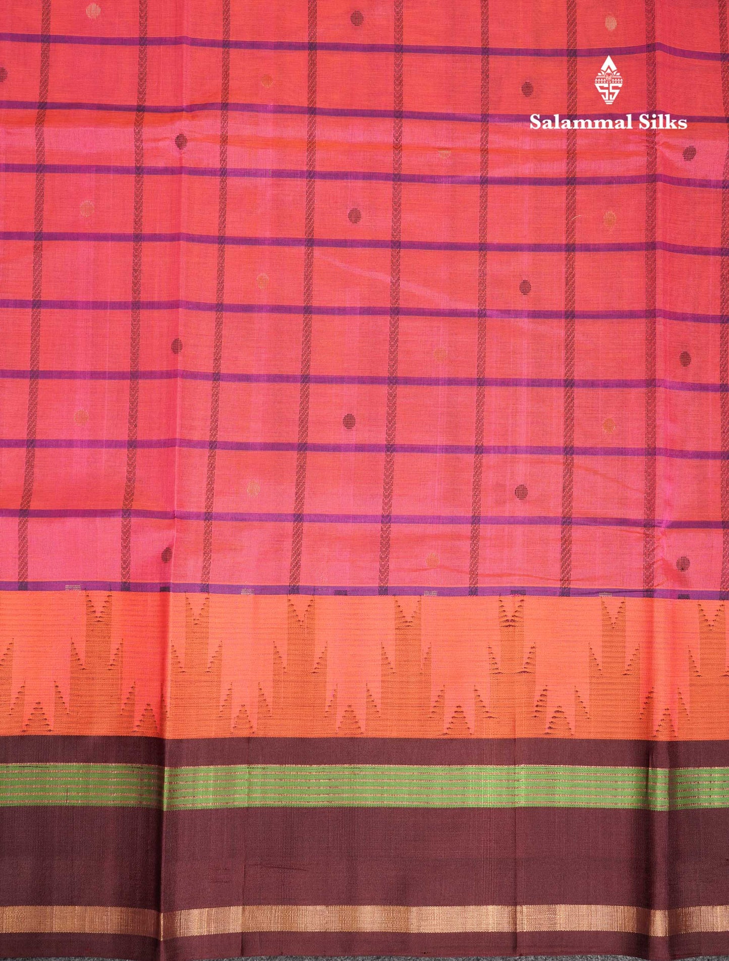 Beautiful Dual Tone Pinkish Peach Checks With Butta Silk Cotton Saree With Contrast Bottle Green Traditional Temple & Gap Border