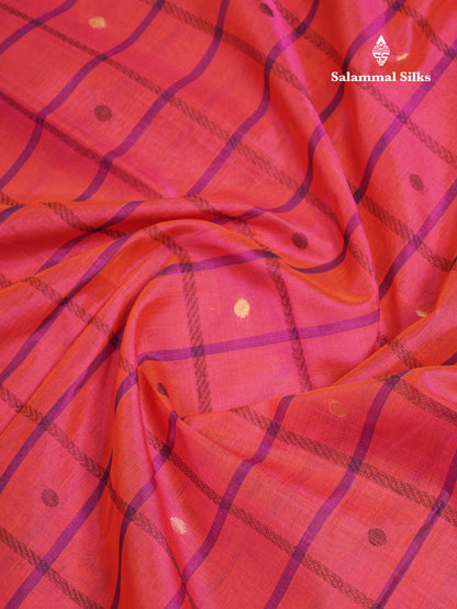Beautiful Dual Tone Pinkish Peach Checks With Butta Silk Cotton Saree With Contrast Bottle Green Traditional Temple & Gap Border