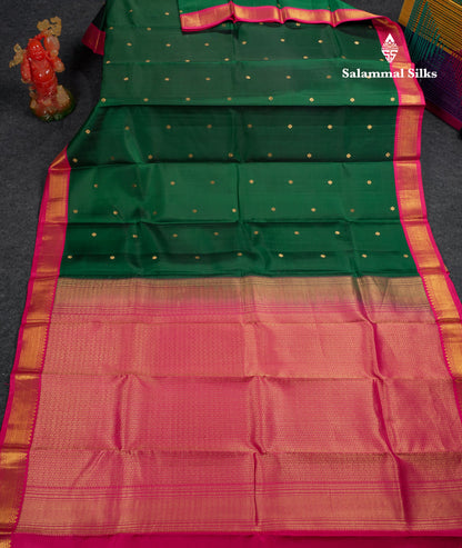 Beautiful Bottle Green Pure Kanjivaram Silk Saree With Contrast Pink Traditional Medium Border