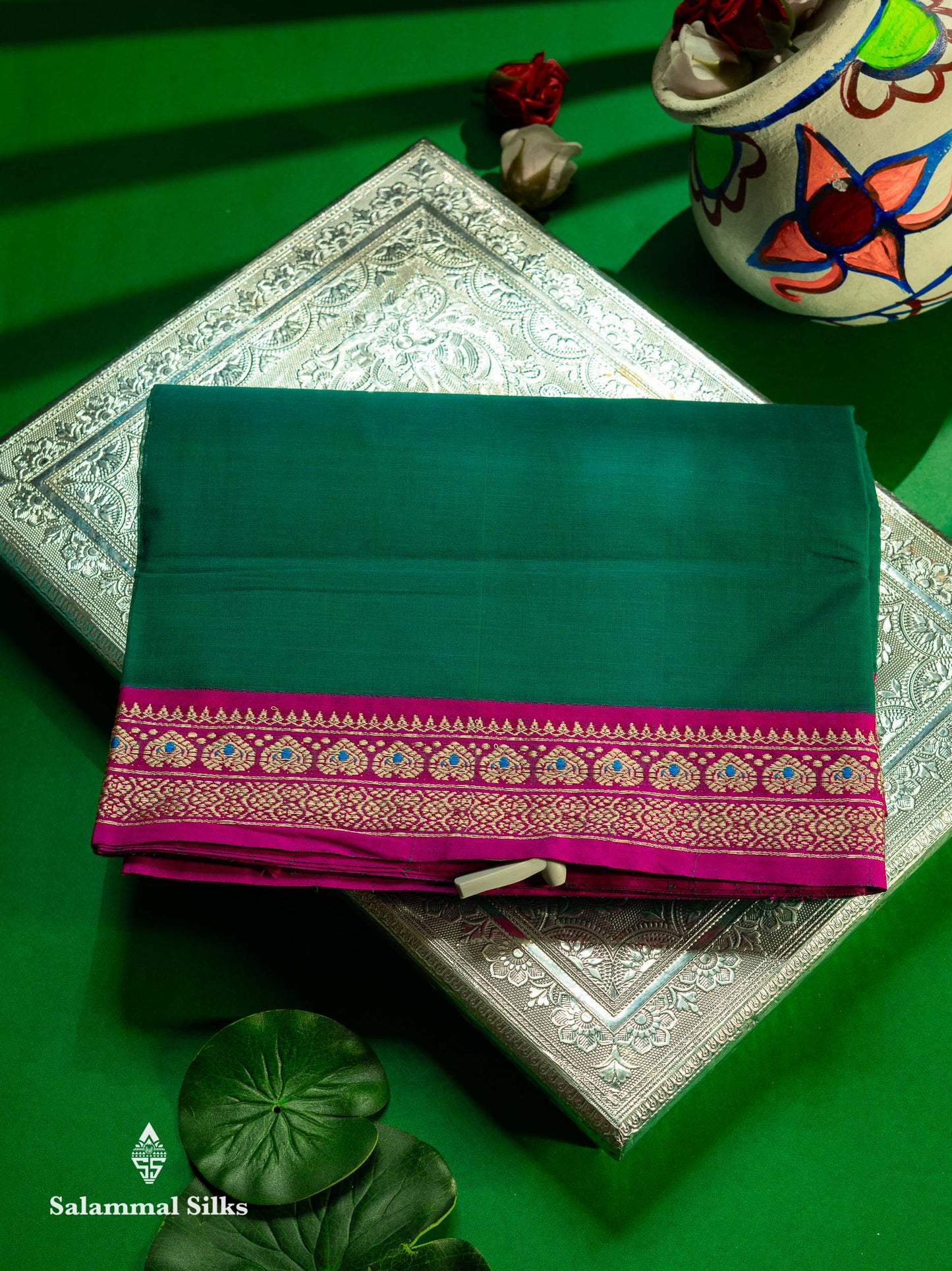 Beautiful Chilly Red Plain Pure Cotton Saree With Contrast Violet Menakari Traditional Border