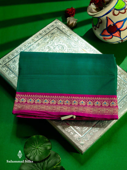 Beautiful Chilly Red Plain Pure Cotton Saree With Contrast Violet Menakari Traditional Border