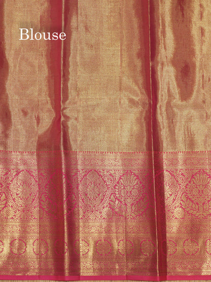 Light Pink Colour Tissue Pure Kanjivaram Silk Saree With Long Gold Zari Border