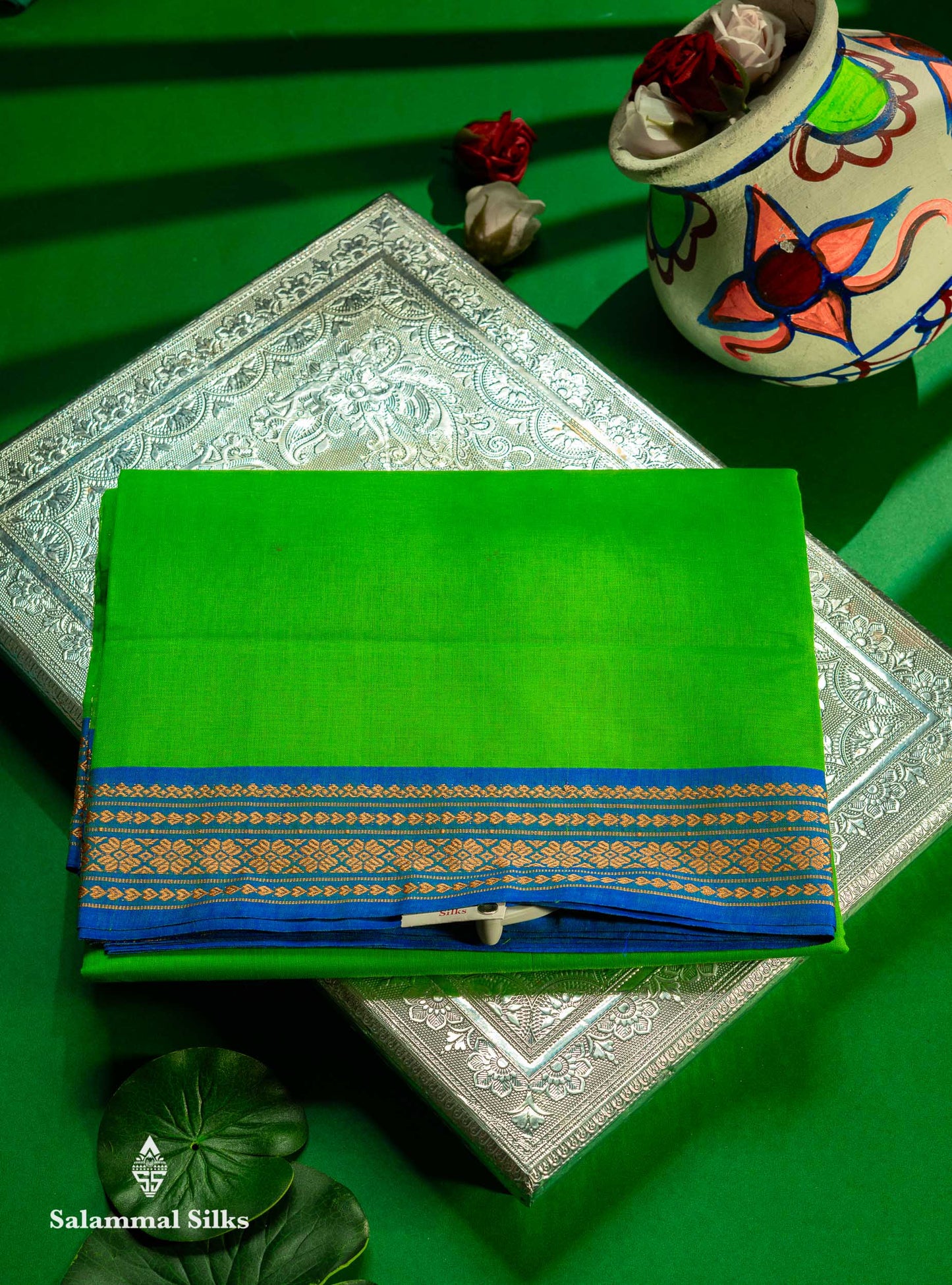 Beautiful Mango Yellow Plain Pure Cotton Saree With Contrast Dual Tone Green Traditional Border