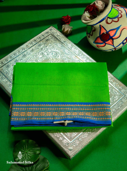 Beautiful Mango Yellow Plain Pure Cotton Saree With Contrast Dual Tone Green Traditional Border