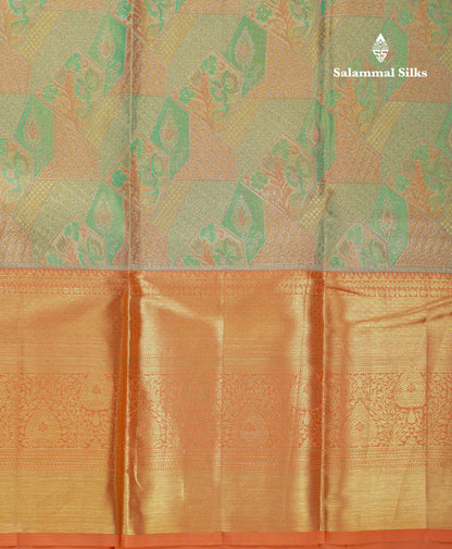 Beautiful Parrot Green Tissue Bridal Pure Kanjivaram Silk Saree With Contrast Peach Traditional Evening Morning Border