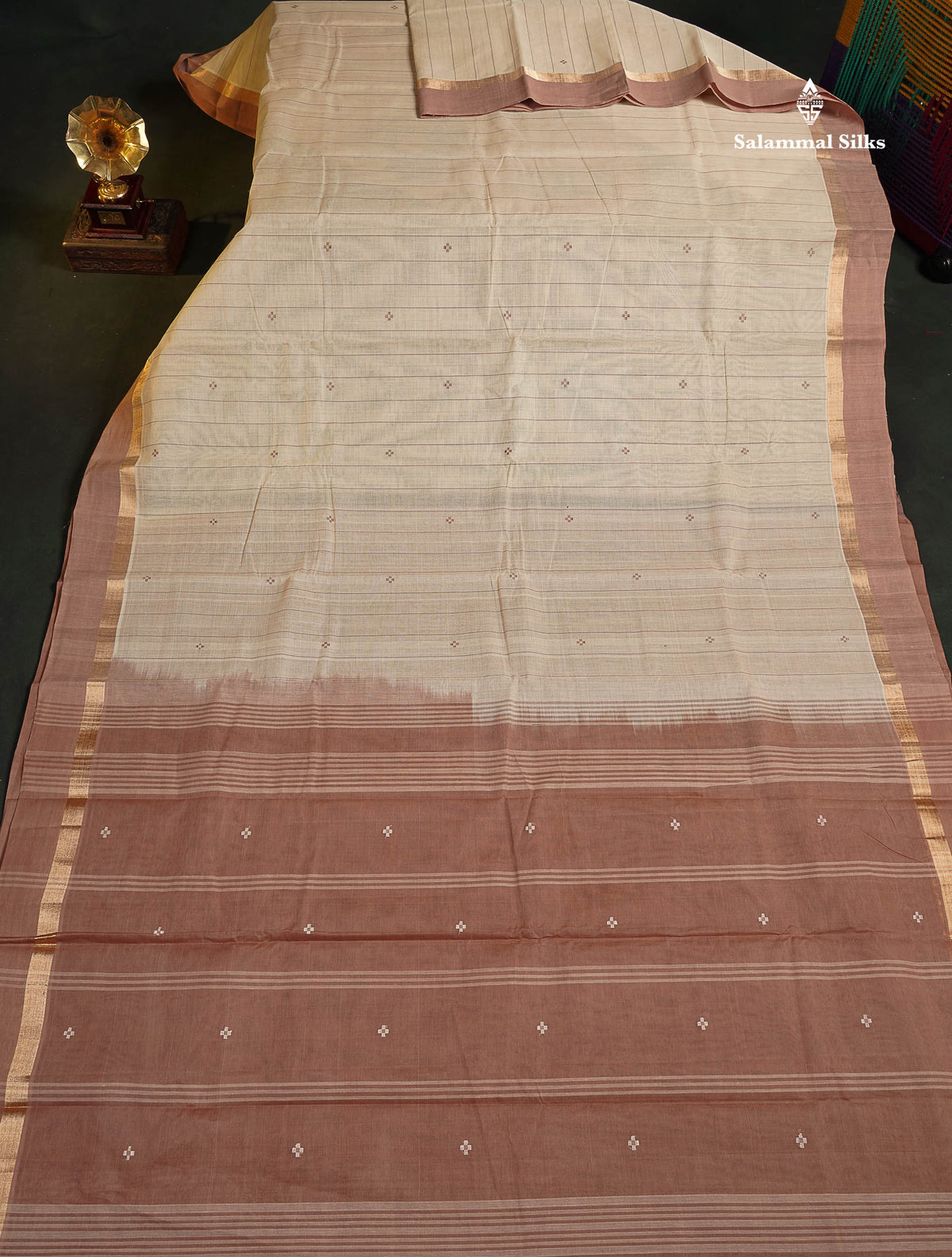 Handloom Pure Cotton Saree -  Half White Colour Body With Contrast Light Chocolate Blouse 