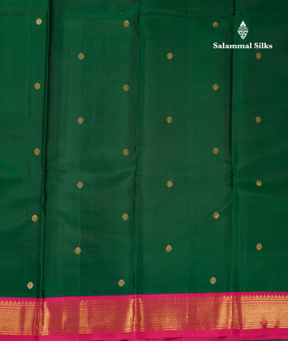 Beautiful Bottle Green Pure Kanjivaram Silk Saree With Contrast Pink Traditional Medium Border