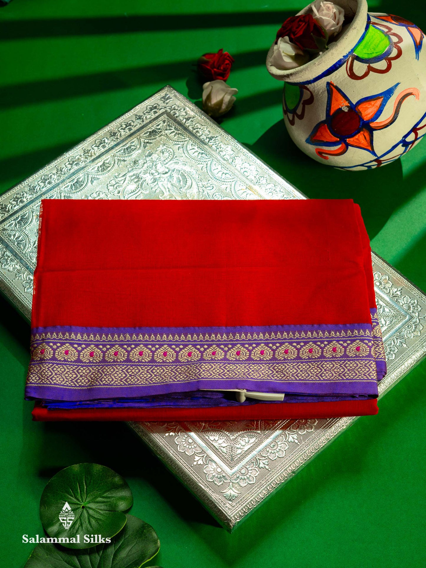 Beautiful Chilly Red Plain Pure Cotton Saree With Contrast Violet Menakari Traditional Border